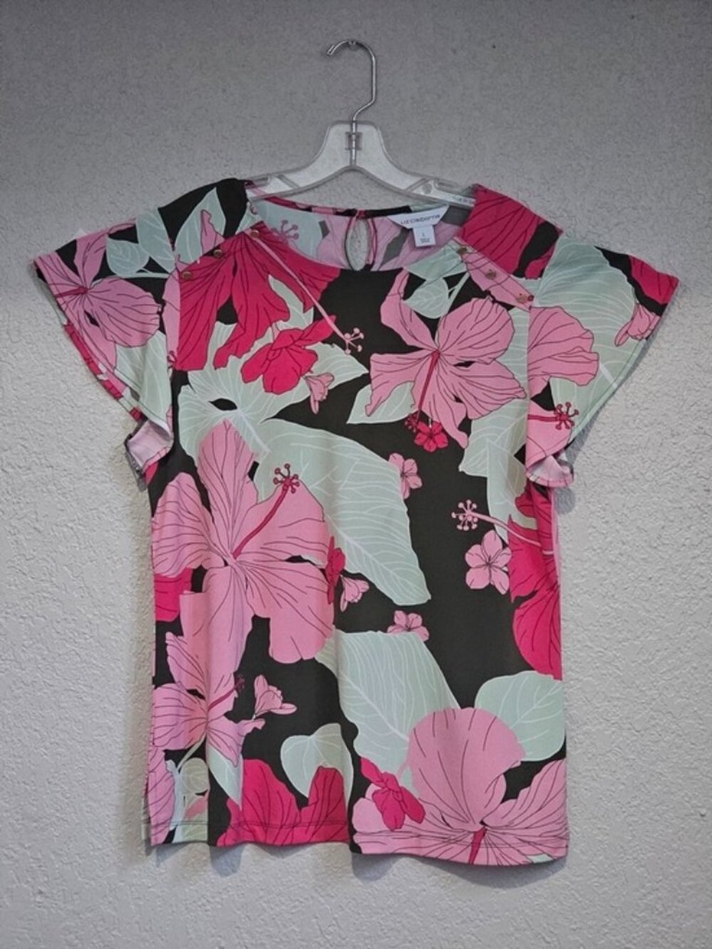 Liz Claiborne Pink & Mint Floral Flutter-Sleeve Top
